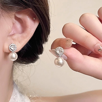 Alloy Stud Earring, with Sterling Silver Pin, Plastic Bead and Rhinestone, Platinum, Flat Round, 22mm