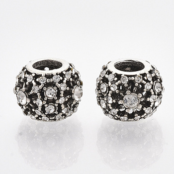 Antique Silver Plated Alloy European Beads, with Rhinestones, Large Hole Beads, Rondelle, Crystal, 11x8.5mm, Hole: 4.5mm