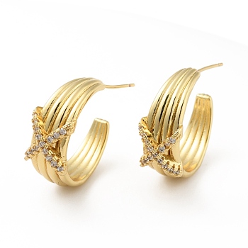 Cubic Zirconia Criss Cross Stud Earrings, Real 18K Gold Plated Brass Half Hoop Earrings for Women, Cadmium Free & Lead Free, Real 18K Gold Plated, 22x24x9mm, Pin: 0.7mm