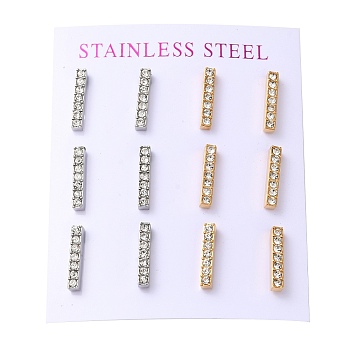 PVD Vacuum Plating 304 Stainless Steel Stud Earring, with Rhinestone, Rectangle, Golden & Stainless Steel Color, 15x3mm, 12pcs/set