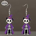 Cat Shape with Skeleton Acrylic Dangle Earrings, Platinum, Blue Violet, 65mm(FS-WG9EDFB-01)
