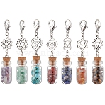 7Pcs 7 Styles Chakra Natural & Synthetic Gemstone Chip Beads inside Glass Wishing Bottle Pendant Decorations, Lobster Claw Clasps Charms for Bag Ornaments, 70mm, 1pc/style(HJEW-JM02344)