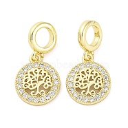 Brass Micro Pave Cubic Zirconia European Dangle Charms, Round with Tree, Large Hole Pendants, Real 16K Gold Plated, 20.5mm, Hole: 4.2mm(KK-D325-12G)