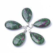 Natural Ruby in Zoisite Pendants, with Alloy Findings, teardrop, Dyed, Platinum, 45~46x23~24x11~12mm, Hole: 8x4mm(G-S292-12G)