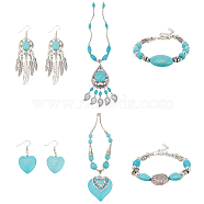 Natural & Synthetic Turquoise Heart Pendant Necklaces & Beaded Bracelets & Feather Chandellier Earrings, Alloy Jewelry for Women, Antique Silver, 16.54~17.72 inch(42~42cm), 7-1/8~7-3/8 inch(18~18.6cm), 48~90mm, Pin: 0.6mm(SJEW-AN0001-45)