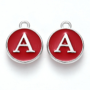 Platinum Plated Alloy Enamel Charms, Cadmium Free & Lead Free, Enamelled Sequins, Flat Round with Letter, Letter.A, 14x12x2mm, Hole: 1.5mm(X-ENAM-S118-03A-P)