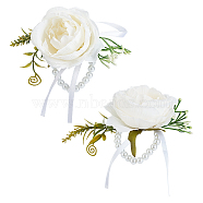 CRASPIRE 2Pcs Silk Wrist, with Plastic Imitation Flower and Imitation Pearl Stretch Bracelets, for Wedding, Party Decorations, White, 140x150mm, 2pcs/bag(AJEW-CP0004-65)