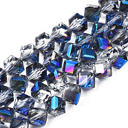 Electroplate Transparent Glass Beads Strands, Half Plated, Faceted, Diagonal Cube Beads, Medium Blue, 8.5x9.5x9.5mm, Hole: 1.5mm, about 80pcs/strand, 25.98 inch(66cm)(EGLA-N002-29-D01)