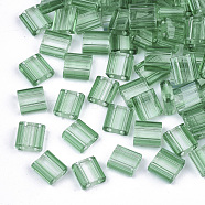 2-Hole Glass Seed Beads, Striped Seed Beads, Transparent Colours, Two Tone, Rectangle, Lime Green, 5x4.5~5.5x2~2.5mm, Hole: 0.5~0.8mm(SEED-S023-38C-03)