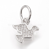 Brass Micro Pave Cubic Zirconia Charms, with Jump Rings, Dove, Platinum, 12x11x1.5mm, Hole: 5.5mm(ZIRC-T002-05P)