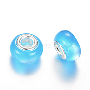 Resin European Beads, Imitation Cat Eye, Large Hole Beads, with Silver Color Plated Brass Cores, Rondelle, Deep Sky Blue, 14x8~8.5mm, Hole: 5mm(RPDL-R010-09)