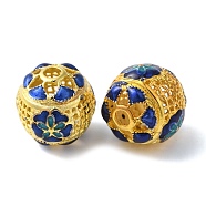 Rack Plating Brass Enamel Beads, Long-Lasting Plated, Cadmium Free & Lead Free, Round with Flower Pattern, Real 18K Gold Plated, 14mm, Hole: 2.5mm(KK-P276-22B-G)