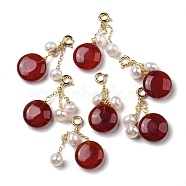 Natural Red Agate Flat Round Pendant Decorations, Natural Freshwater Pearls Tassel Ornament with Brass Spring Ring Clasps, Real 14K Gold Plated, 32mm, Hole: 2.8mm(G-R489-28G)