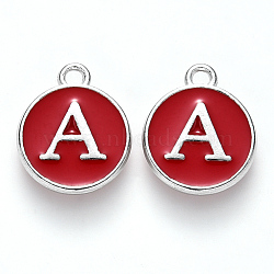 Platinum Plated Alloy Enamel Charms, Cadmium Free & Lead Free, Enamelled Sequins, Flat Round with Letter, Letter.A, 14x12x2mm, Hole: 1.5mm(X-ENAM-S118-03A-P)