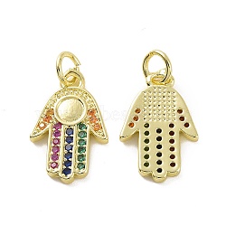 Brass Micro Pave Colorful Cubic Zirconia Pendant Cabochon Settings, with Jump Ring, Hamsa Hand/Hand of Fatima/Hand of Miriam, 17x11x1.5mm, Hole: 3.2mm(KK-E068-VF086)
