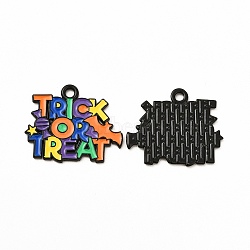 Rack Plating Alloy Enamel Pendants, Cadmium Free & Nickel Free & Lead Free, Halloween Theme, Bat with Word Trick or Treat Charm, Electrophoresis Black, 20x24x1.5mm, Hole: 2mm(FIND-G054-19EB)