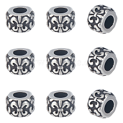 304 Stainless Steel European Beads, Large Hole Beads, Column with Fleur De Lis, Antique Silver, 9x6.5mm, Hole: 4.5mm, 10pcs/box(STAS-UN0054-62)