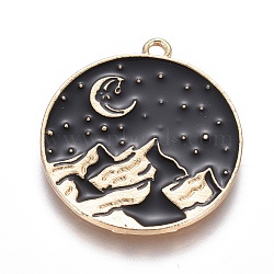 Alloy Pendants, with Enamel, Flat Round with Mountain, Light Gold, Black, 26x24x1.5mm, Hole: 1.8mm(X-PALLOY-I166-19KCG)