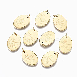 304 Stainless Steel Pendants, with Jump Rings, Oval with Word All Because 2 People All In Love, for Valentine's Day, Real 14K Gold Plated, 17.5x12.5x2mm, Jump Ring: 5x0.8mm, 3.4mm inner diameter(X-STAS-S116-028G)
