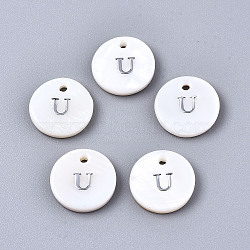 Natural Freshwater Shell Pendants, with Platinum Plated Iron Etched Metal Embellishments, Flat Round with Initial Letter, White, Letter.U, 11x2mm, Hole: 1.5mm(SHEL-Q018-01A-U-P)