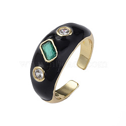 Cubic Zirconia Open Cuff Ring with Enamel, Real 18K Gold Plated Brass Jewelry for Women, Nickel Free, Black, US Size 6 3/4(17.1mm)(RJEW-N035-128F)