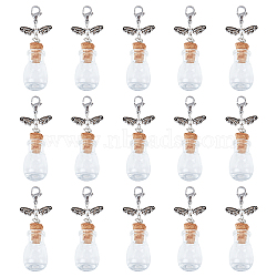 15Pcs Teardrop Shape Glass Bottle Big Pendants, with Tibetan Style Butterfly Bead and Brass Lobster Claw Clasps, Clear, 56mm, Bottle Capacity: 1.2ml(0.04 fl. oz)(HJEW-FH0001-10)