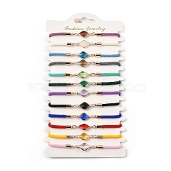 12Pcs 12 Colors Polyester Bracelets, Brass Glass Links Jewelry for Women, Mixed Color, Rhombus, 7-5/8 inch(19.5cm), End Extender: 60mm(BJEW-P340-13G-G)