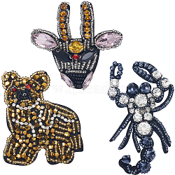 3Pcs 3 Styles Animal Rhinestone Ornament Accessories, Beading Appliques, Scorpion/Dog/Cattle, 59~107x56~62x5.5~9mm, 1pc/style(PATC-GF0001-44)