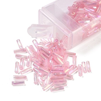 10G Ceylon Glass Twist Bugle Beads, Transparent Colours Rainbow, Flamingo, 6.5x2mm, Hole: 0.8mm