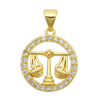 Brass Micro Pave Clear Cubic Zirconia Pendants, Cadmium Free & Nickel Free & Lead Free, Light Gold, Flat Round with 12 Constellations, Libra, 18.5x16x3~4mm, Hole: 3.5x5mm