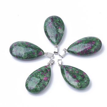 Natural Ruby in Zoisite Pendants, with Alloy Findings, teardrop, Dyed, Platinum, 45~46x23~24x11~12mm, Hole: 8x4mm