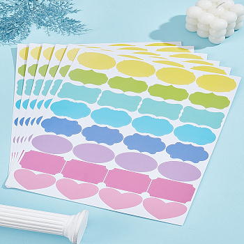 6 Sheets Rainbow Color PVC Blank Self-Adhesive Stickers, Waterproof Writable Decals, Rectangle & Oval & Heart, Colorful, 268x218x0.2mm