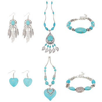 Natural & Synthetic Turquoise Heart Pendant Necklaces & Beaded Bracelets & Feather Chandellier Earrings, Alloy Jewelry for Women, Antique Silver, 16.54~17.72 inch(42~42cm), 7-1/8~7-3/8 inch(18~18.6cm), 48~90mm, Pin: 0.6mm