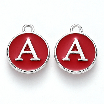 Platinum Plated Alloy Enamel Charms, Cadmium Free & Lead Free, Enamelled Sequins, Flat Round with Letter, Letter.A, 14x12x2mm, Hole: 1.5mm