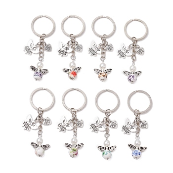Porcelain & Glass Pearl & Alloy Keychain, with Iron Ring, Angel, Mixed Color, 83mm