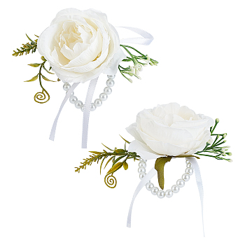 CRASPIRE 2Pcs Silk Wrist, with Plastic Imitation Flower and Imitation Pearl Stretch Bracelets, for Wedding, Party Decorations, White, 140x150mm, 2pcs/bag