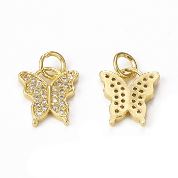 Brass Micro Pave Cubic Zirconia Charms, with Jump Ring, Butterfly Charm, Golden, 11x10.5x1.5mm, Hole: 3mm