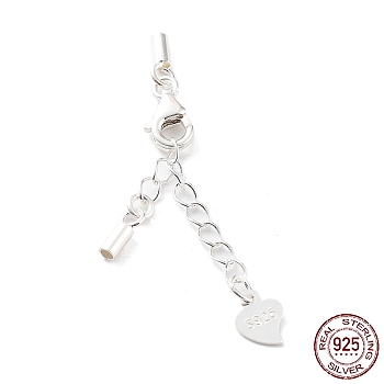 925 Sterling Silver Curb Chain Extender, End Chains with Lobster Claw Clasps and Cord Ends, Heart Chain Tabs, with S925 Stamp, Silver, 23mm