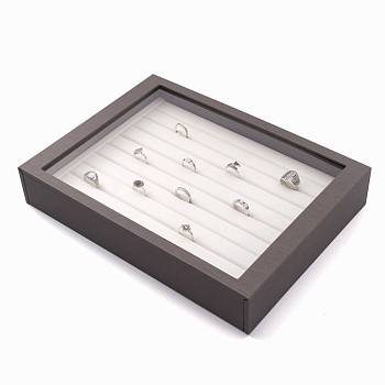 Wooden Jewelry Presentation Boxes, Covered with PU Leather, Organic Glass and Magnetic Stripe, Rectangle, Gray, 305x223x53mm