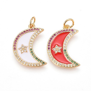 Brass Cubic Zirconia Pendant, with Enamel, Moon with Star, Golden, Mixed Color, 19.5x13.8x1.8mm, Hole: 3.3mm
