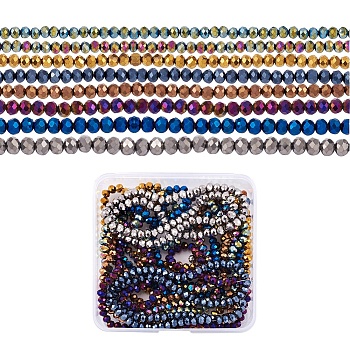16 Strands 8 Colors Electroplate Transparent Glass Beads Strands, Full Plated, Faceted, Rondelle, Mixed Color, 6x5mm, Hole: 1mm, about 92~94pcs/strand, 17~17.5 inch(42.5~43.75cm), 2 strands/color