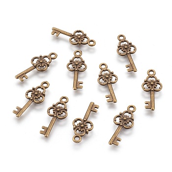 Tibetan Style Alloy Pendant, Skeleton Key, Lead Free, Cadmium Free and Nickel Free, Antique Bronze, about 23mm long, 9.5mm wide, 2mm thick, hole: 2mm