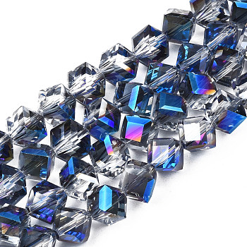 Electroplate Transparent Glass Beads Strands, Half Plated, Faceted, Diagonal Cube Beads, Medium Blue, 8.5x9.5x9.5mm, Hole: 1.5mm, about 80pcs/strand, 25.98 inch(66cm)
