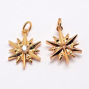 Brass Pendants, Micro Pave Grade AAA Cubic Zirconia, Flower, Cadmium Free & Nickel Free & Lead Free, Real 18K Gold Plated, 16x14x4mm, Hole: 3mm