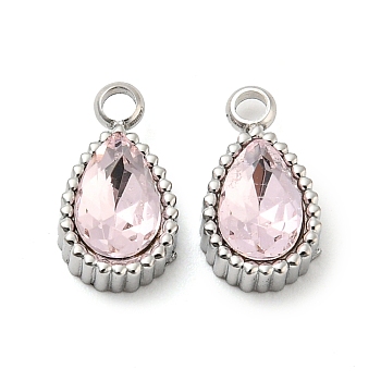 304 Stainless Steel Pendants, with Glass, Teardrop, Pink, 10x5.5x4mm, Hole: 1.6mm