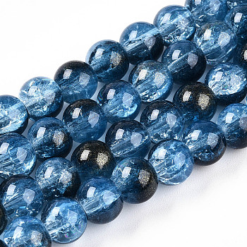 Transparent Crackle Glass Bead Strands, Round, Marine Blue, 7~7.5x8.2mm, Hole: 1.4mm, about 102~108pcs/strand, 28.90~30.63''(73.4~77.8cm)