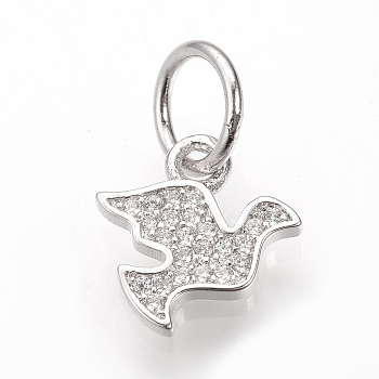 Brass Micro Pave Cubic Zirconia Charms, with Jump Rings, Dove, Platinum, 12x11x1.5mm, Hole: 5.5mm