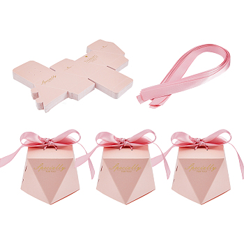 Folding Cardboard Candy Boxes, Weddign Gift Wrapping Box, with Ribbon, Polygon with Gold Stamping Word Thanks, Pearl Pink, Finish Product: 7.55x7.55x5.9cm