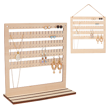 Assembled Wooden Wall Mounted Earring Display Racks, Jewelry Organizer Hanging Holder for Earring Necklace Bracelet Storage, with Hemp Rope, Bisque, 25x10x26cm
