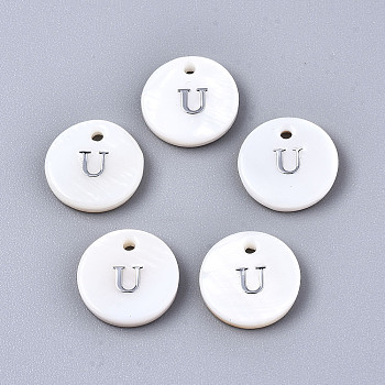 Natural Freshwater Shell Pendants, with Platinum Plated Iron Etched Metal Embellishments, Flat Round with Initial Letter, White, Letter.U, 11x2mm, Hole: 1.5mm